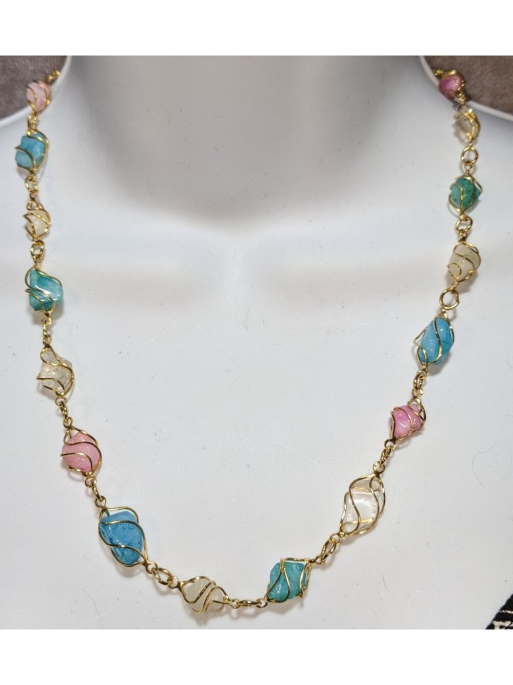 Whimsical Wire-Wrapped Pastel Gemstone Necklace With Gold-Tone Chain - Picture 1 of 5